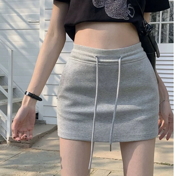 灰色运动短裙女春夏新款防走光高腰半身裙夏季卫裙包臀裙抽绳短裙