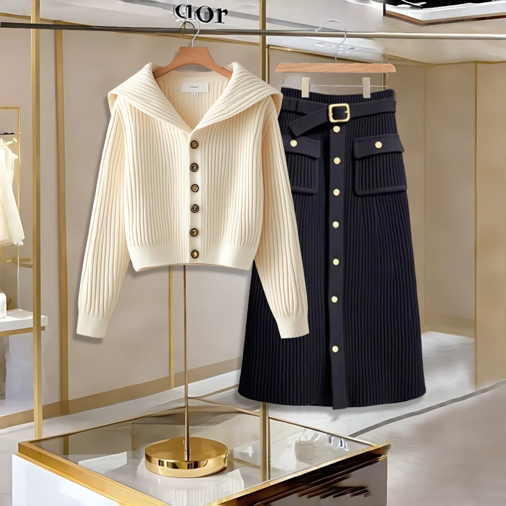 时尚套装女款秋季高级感通勤百搭针织开衫外套高腰a字洋气半身裙