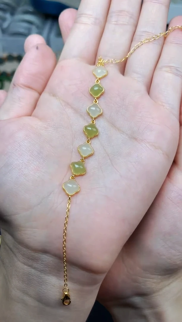 手链银S925镶嵌和田玉四叶草手链06