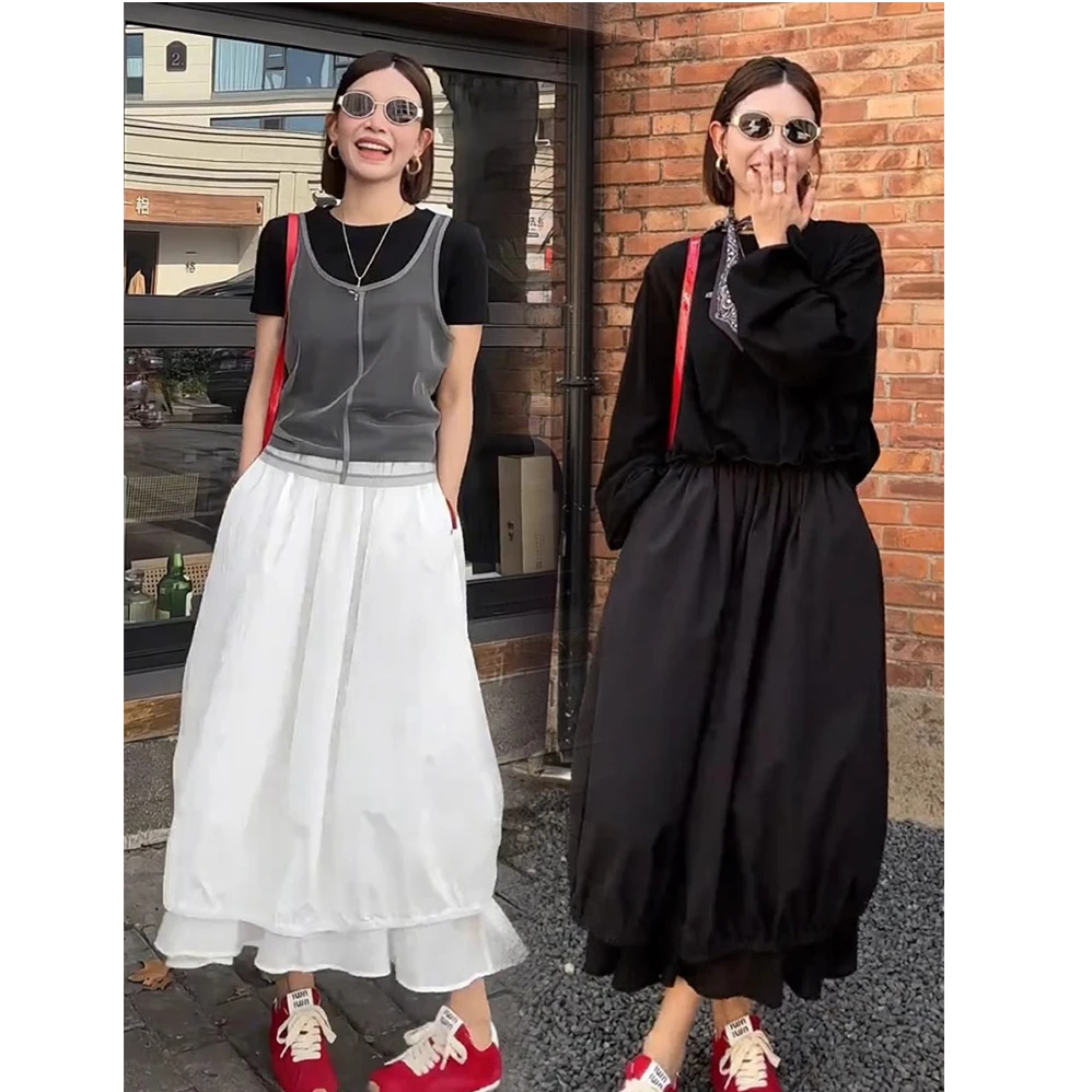 黑色百搭遮胯显瘦半身裙女2025春季新款法式气质假两件高级花苞裙