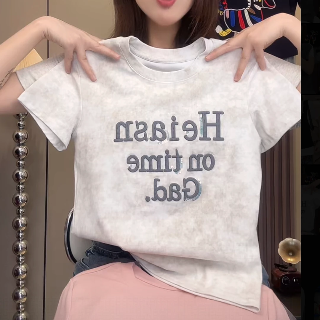 【扎染立体字母珠片绣】夏季新款修身显瘦刺绣圆领T恤百搭时尚休闲