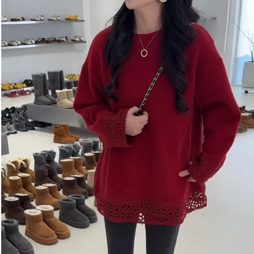 2025秋冬季纯色蕾丝花边圆领T恤女中长款减龄洋气内搭上衣