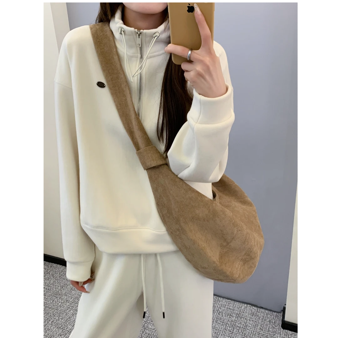 2025冬款新款韩版时尚百搭宽松半拉连立领卫衣外套女休闲套装