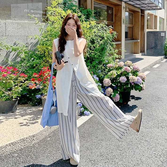 时尚盐系穿搭不规则无袖上衣套装女夏季2025新款条纹阔腿裤两件套