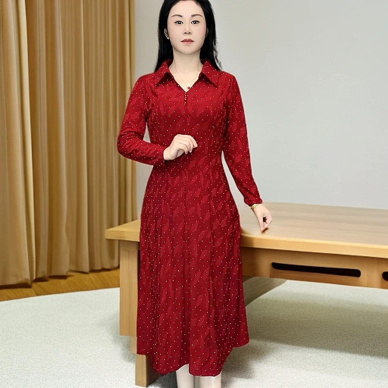 春季时尚洋气亮闪闪V领妈妈装显瘦轻奢中长款气质连衣裙收腰长袖