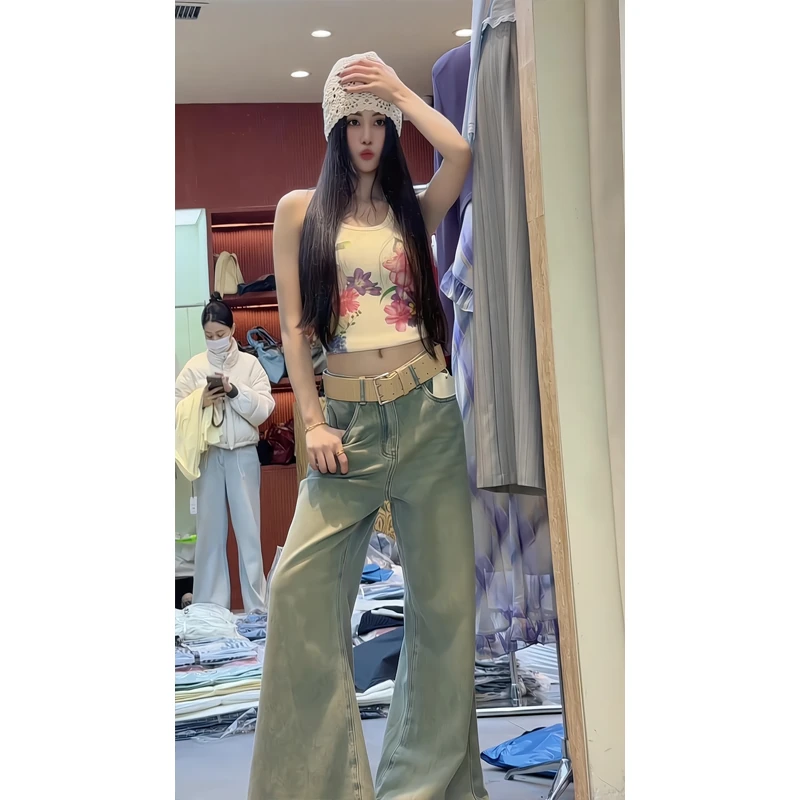 彩色花卉小吊带背心性感显瘦百搭上衣阔腿牛仔裤垂感宽松直筒裤女