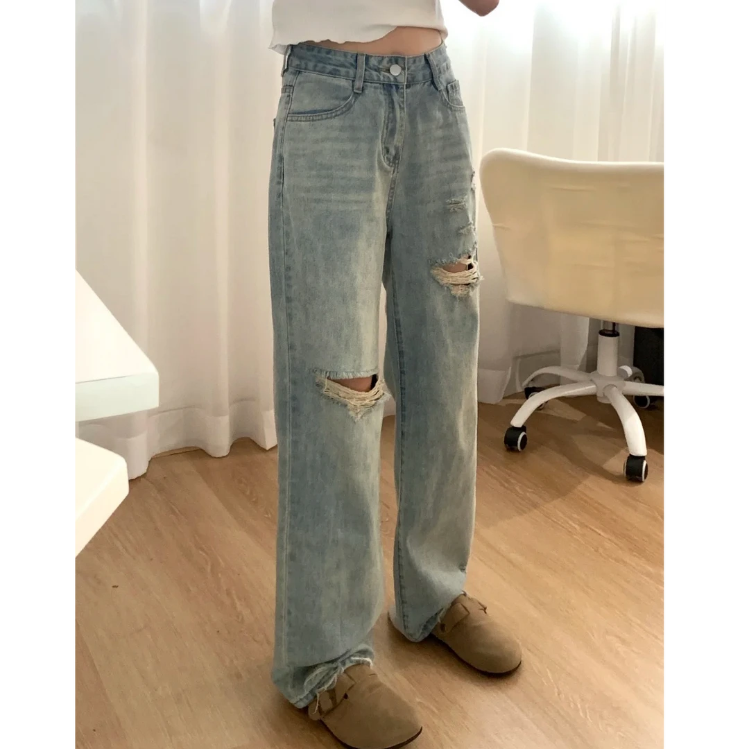 复古破洞牛仔裤女小个子美式高腰直筒显瘦2025新款垂感宽松阔腿裤