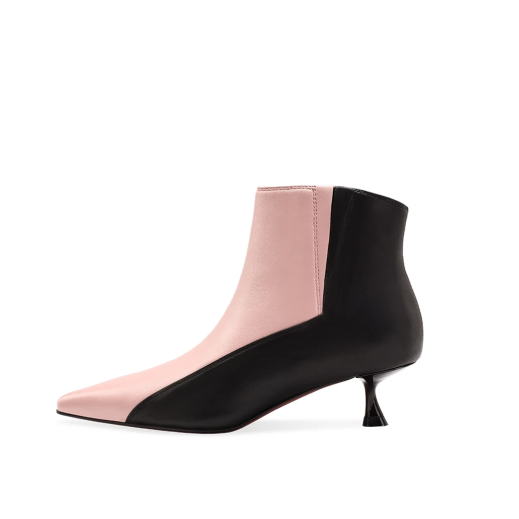 高档时尚舒适百搭4.5cm秋冬系列一脚蹬猫跟羊皮尖头短靴女时装靴