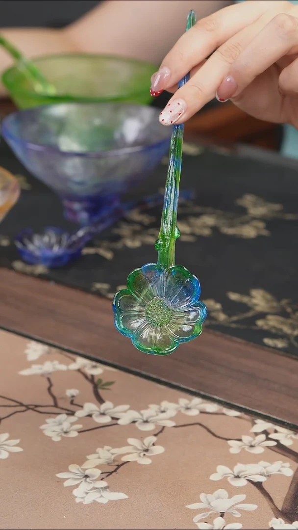 手工艺品琉璃蓝绿色花朵茶匙