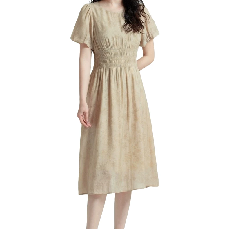 B626迷荟女装专柜正品新款时尚圆领泡泡袖收腰提花气质长裙子