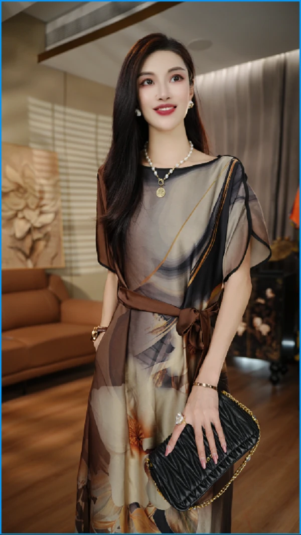 国颐 琉璃冰感丝连衣裙轻奢优雅洋气减龄时尚百搭显瘦V25L321