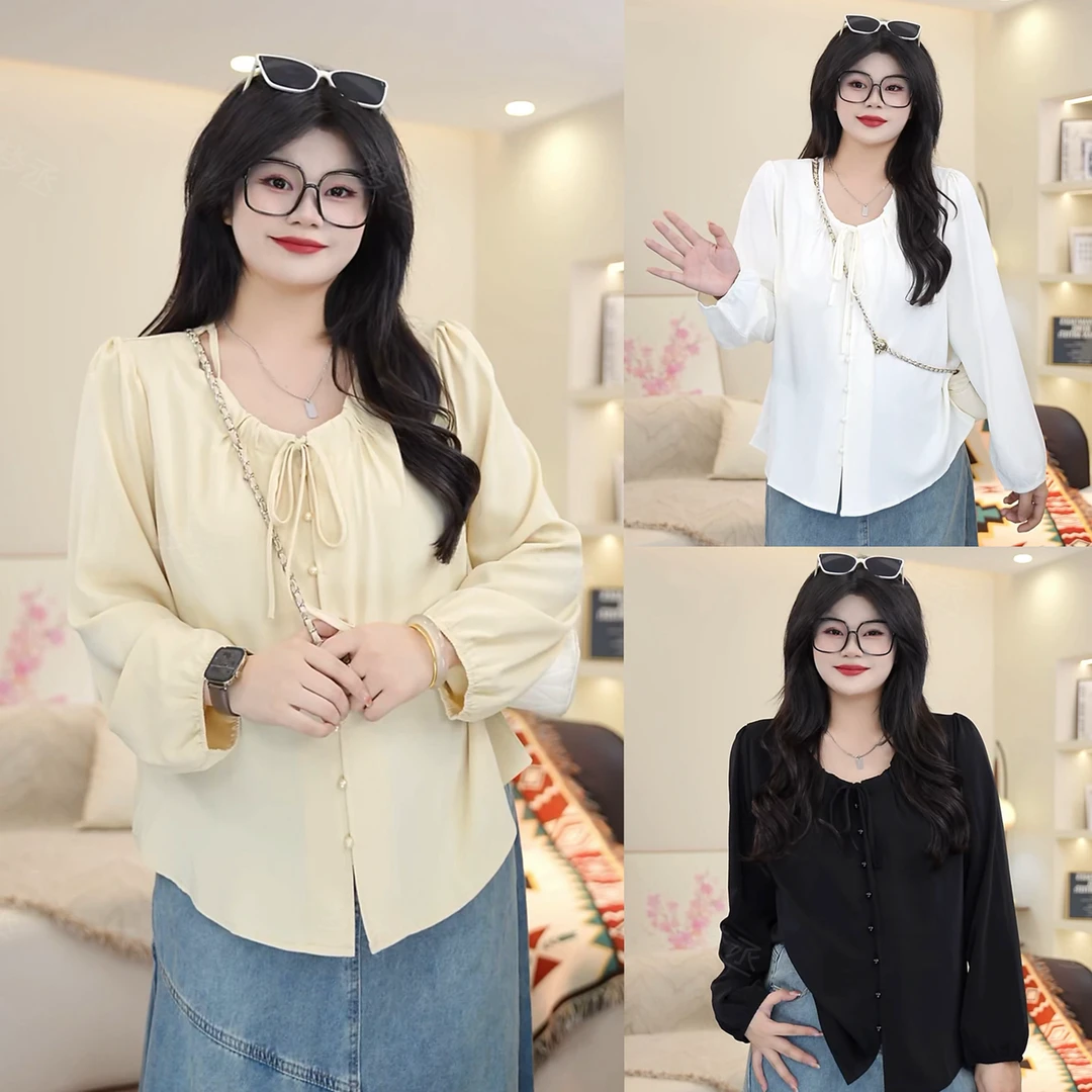 梦丞【若隐若现】大码女装秋冬纯色系设计感镂空露肩系带长袖衬衫女