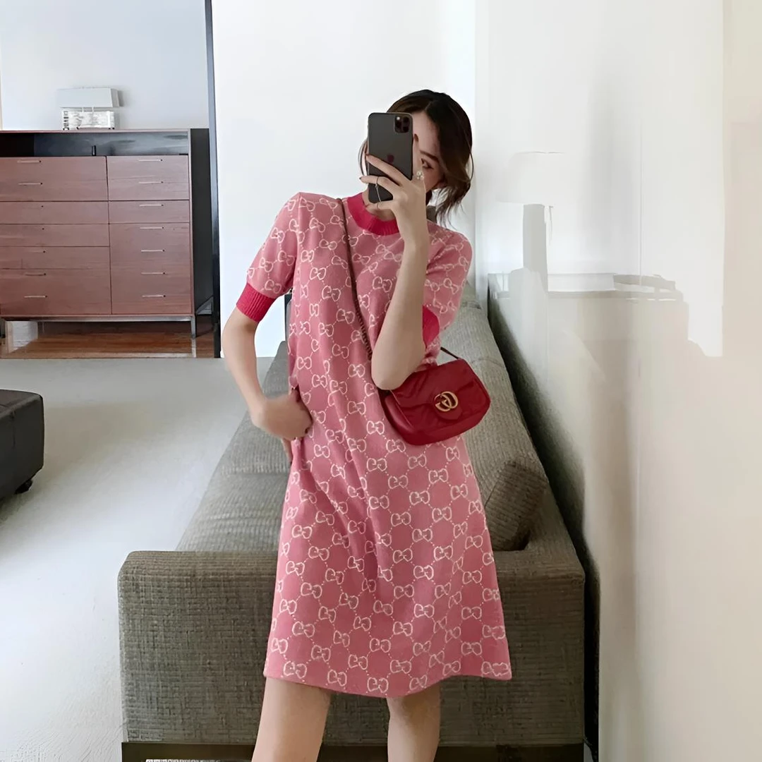 99新 GUCCI/古驰 2507181/S码/双G满印提花圆领短袖连衣裙