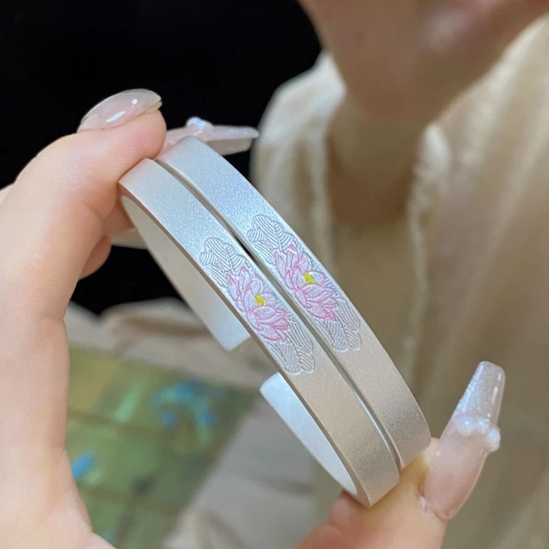 足银手镯 百年银楼足银999彩莲花手镯简约经典精美磨砂时尚送礼物