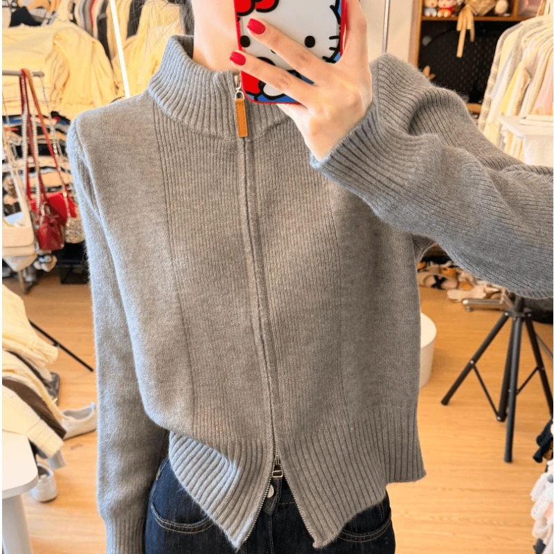 慵懒风时尚感拉链针织衫外套女2025秋冬百搭复古短款毛衣上衣5031