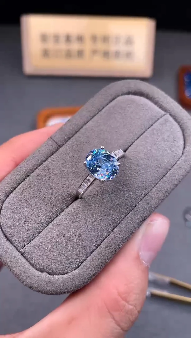 银S925镶嵌戒指海蓝宝石2222