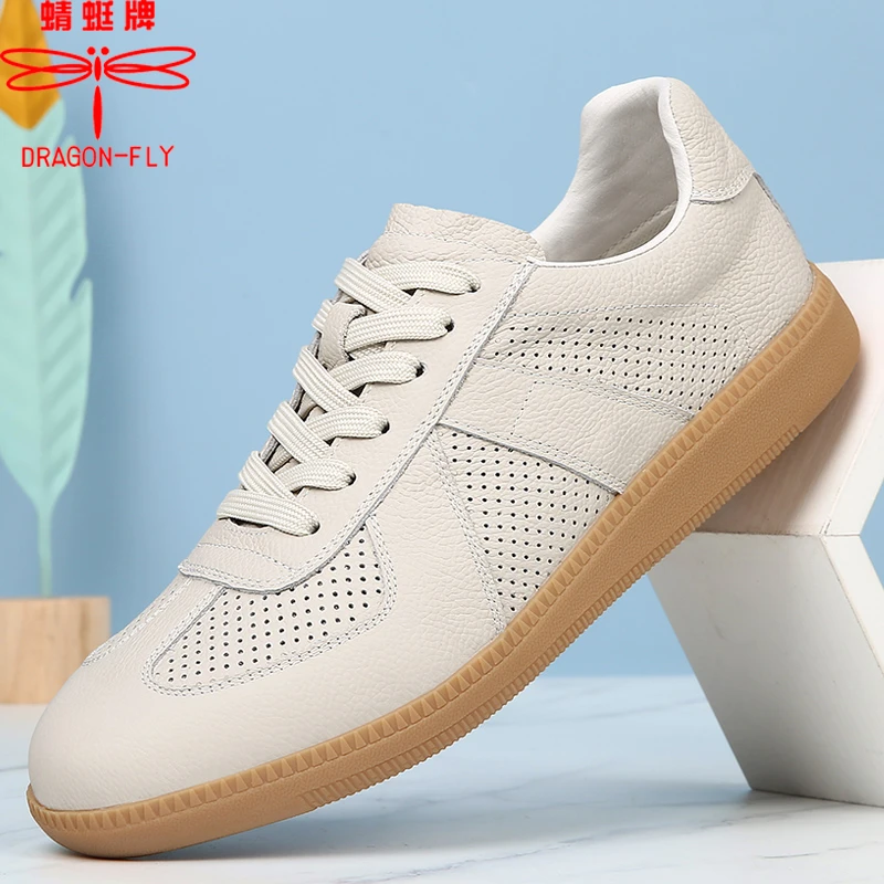 蜻蜓牌夏季头层牛皮镂空真皮男鞋德训鞋软底休闲皮鞋透气轻便板鞋