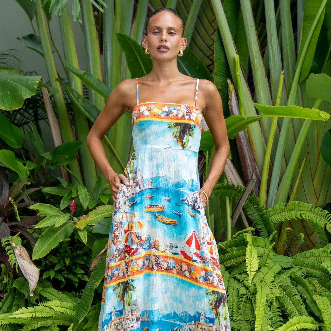 Seaside碎花一字领沙滩裙连衣裙露背吊带长裙