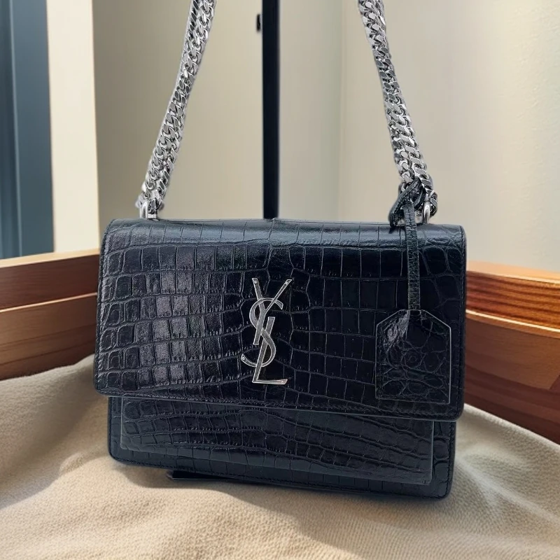 95新 YSL/圣罗兰  黑色鳄鱼压纹日落包 1681 4352