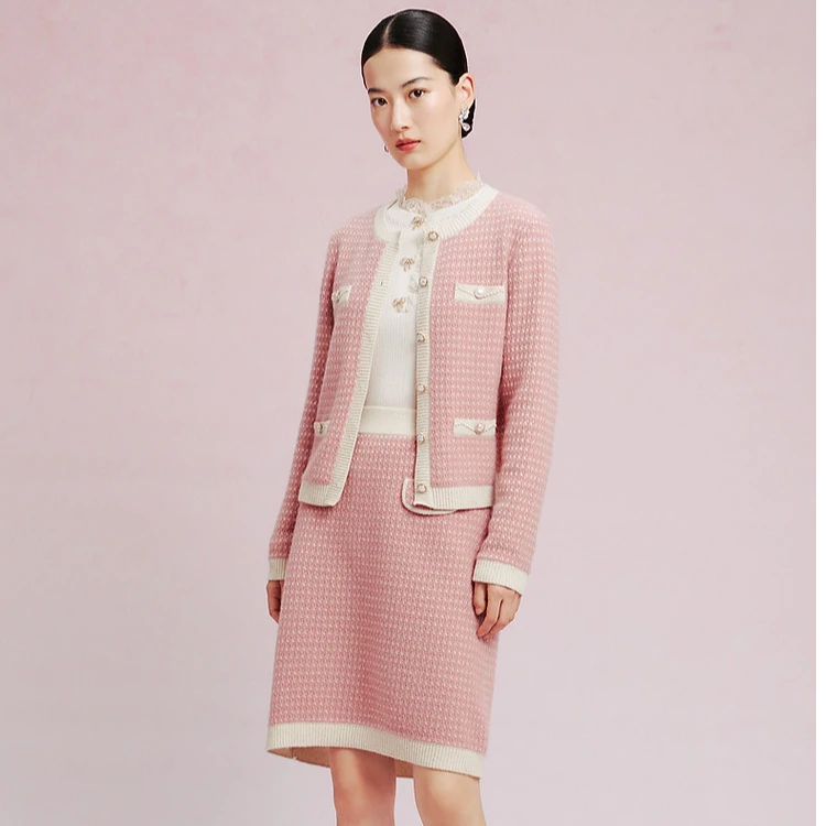 【晨粉专享价】针织花纱小香风羊毛开衫毛织外套女