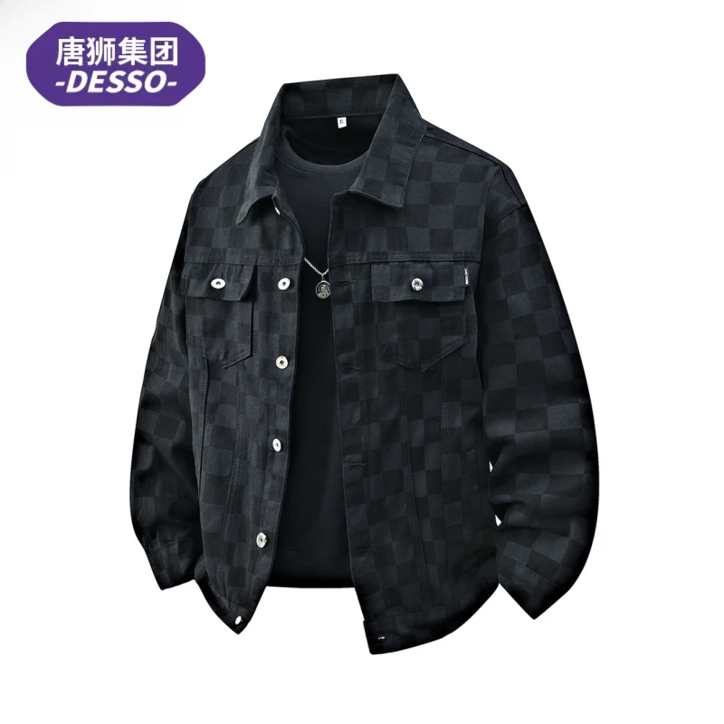 唐狮集团DESSO棋盘格纹牛仔外套男士春秋季潮牌宽松休闲百搭夹克