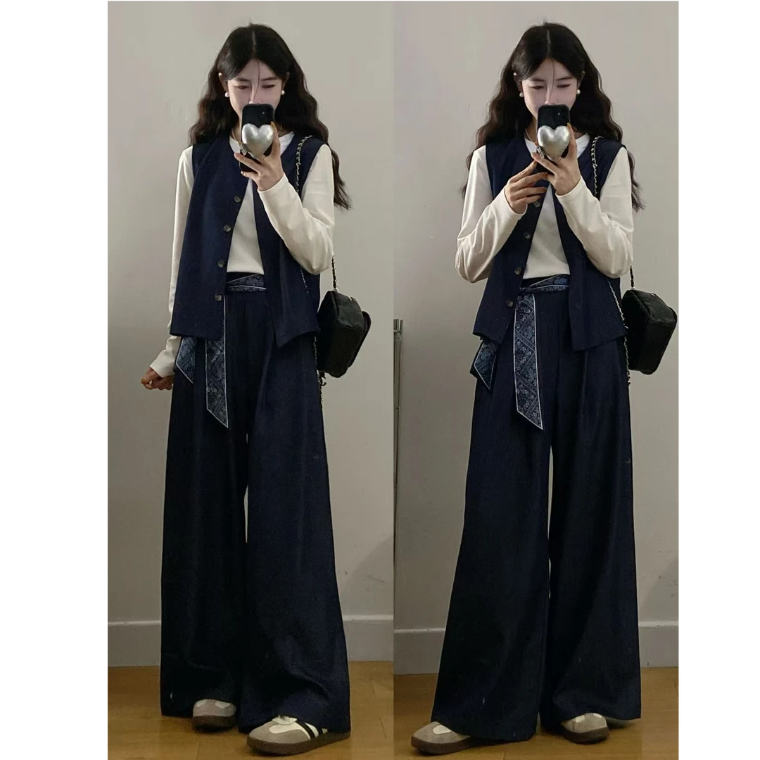 大码女装胖mm新款时尚简约气质长袖T恤马甲+阔腿裤三件套