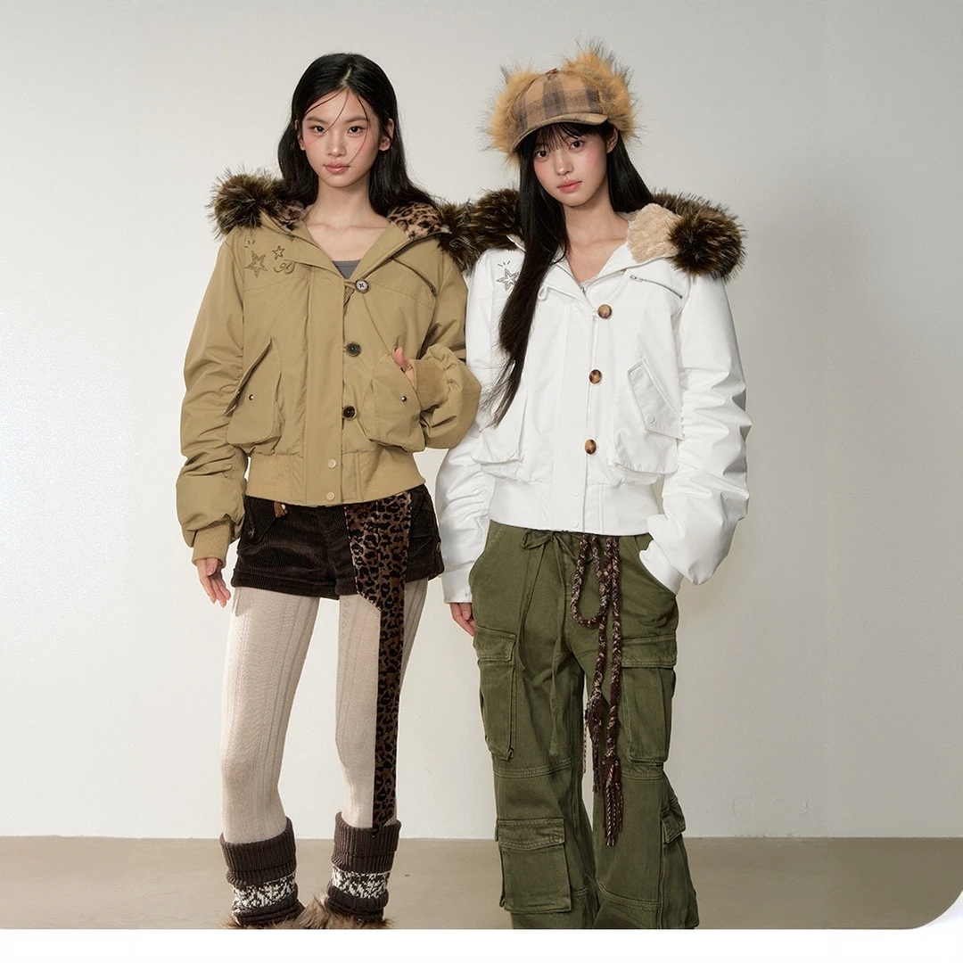 Soote Season 原创韩系烫铆钉飞行员保暖毛领宽松连帽羽绒服外套