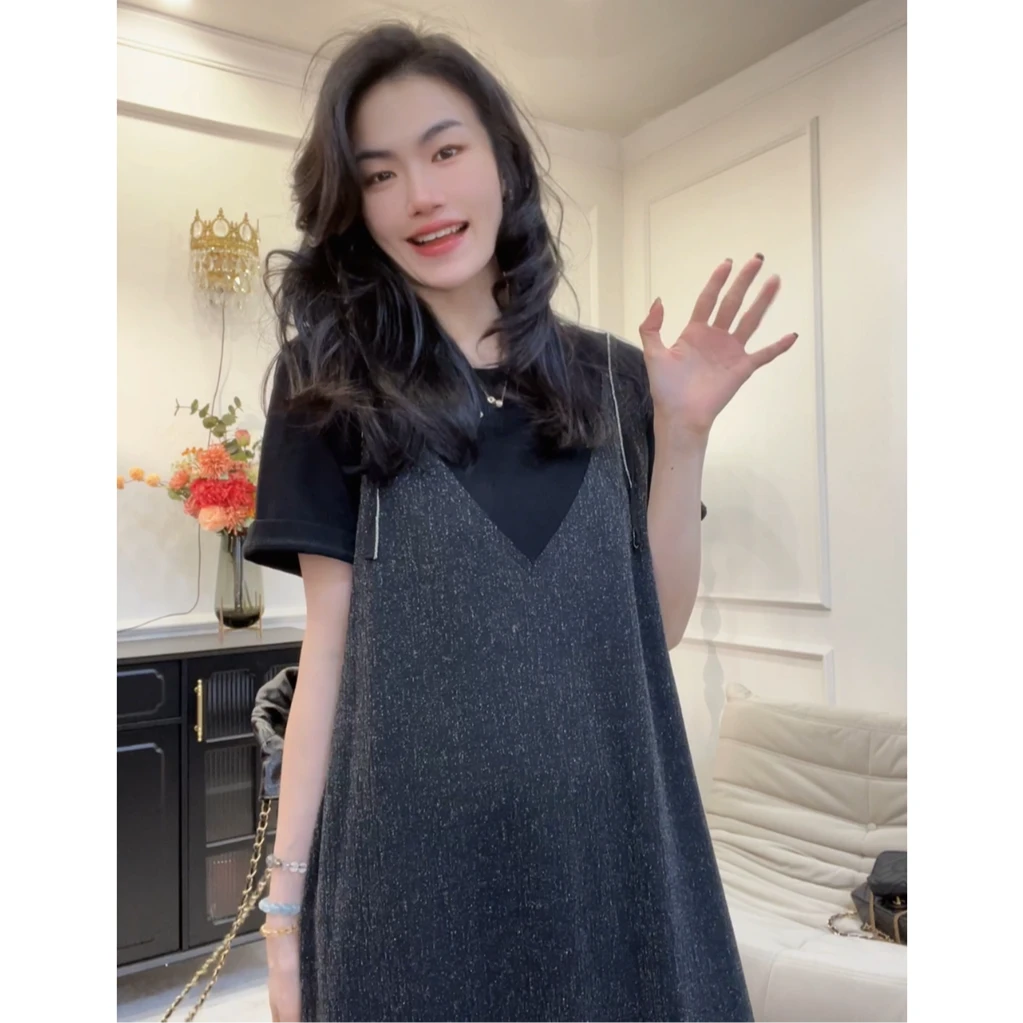 大码女装【黑金流沙】细闪银丝垂坠感假两件夏季胖mm连衣裙女