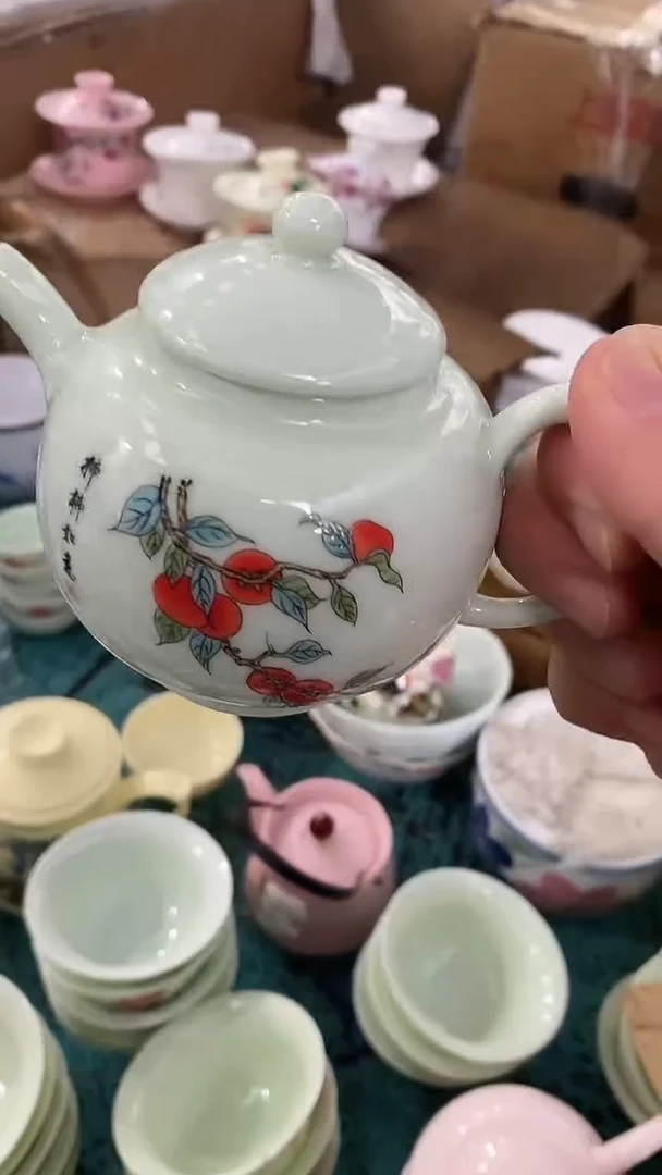 摆件陶绿稀土柿柿如意茶壶