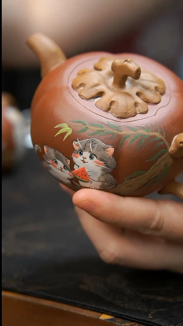 茶壶紫砂柿子猫咪吃西瓜壶