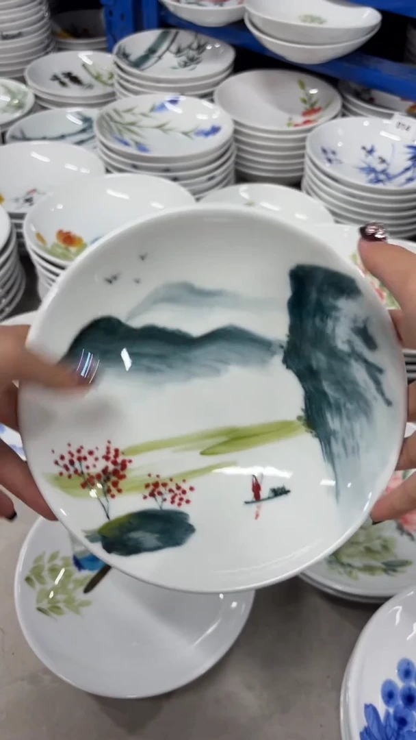 瓷片景德镇陶瓷食品级手绘釉中彩-圆深盘