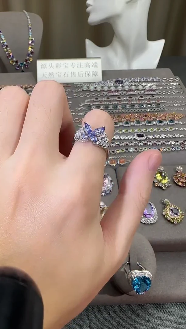 银S925镶嵌戒指坦桑石3*6mm戒指蝴蝶设计款