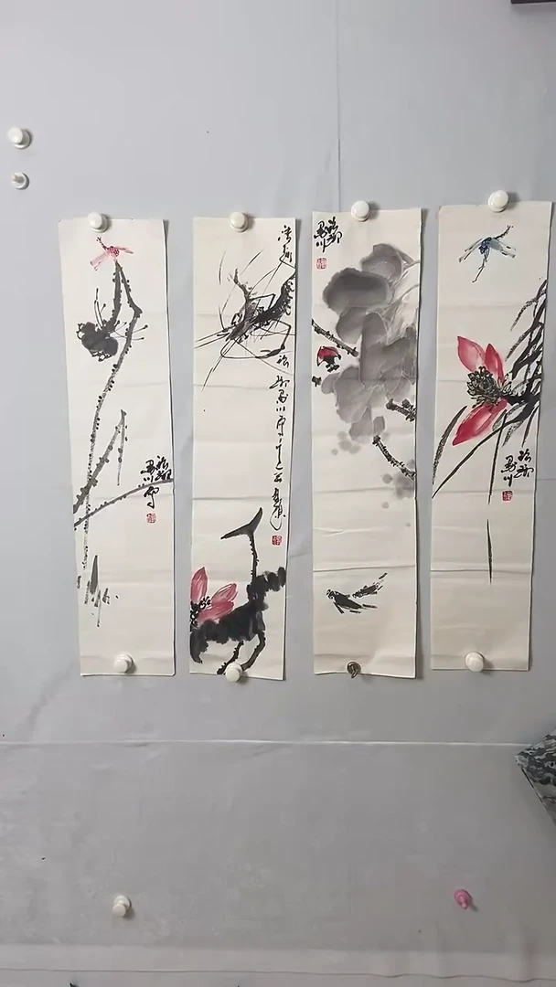 国画四条屏禅意花鸟精品