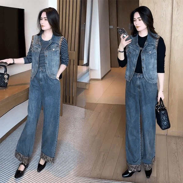 2025秋季新款穿搭气质显瘦遮肉时尚洋气休闲减龄马甲长裤牛仔套装