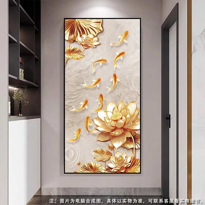 荷花九鱼大气入户玄关装饰画玄关挂画走廊过道挂画感玄关画