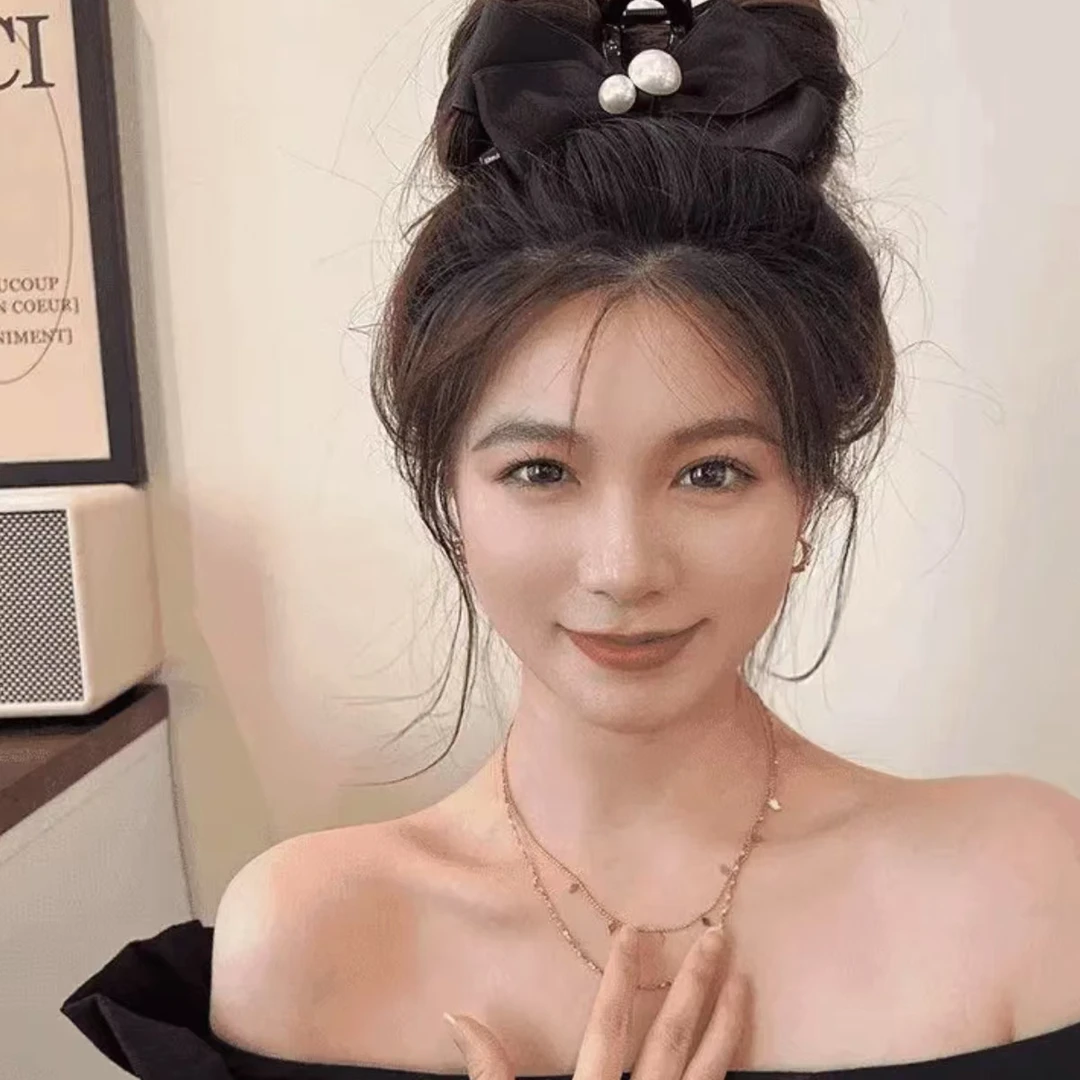 韩版新款贝珠蝴蝶结抓夹气质法式高级减龄抓夹后脑勺优雅鲨鱼夹