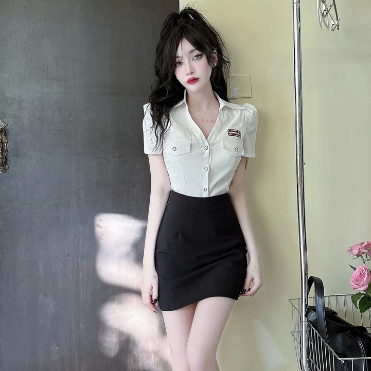 V领性感修身紧身白色衬衫女短袖衬衣包臀裙职业套装OL制服工作服