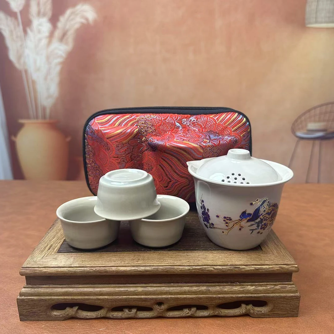 旅行茶具便携变色喜上眉梢手抓壶一壶三杯刺绣包M33