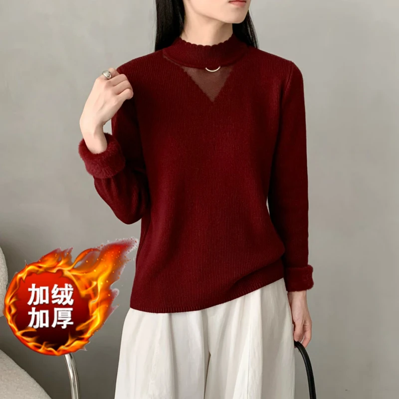 2025秋季毛衣极简风加厚时尚洋气保暖半高领女加绒蕾丝上衣针织衫