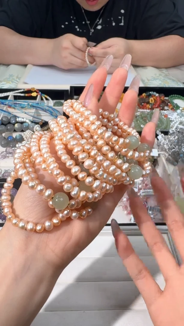 淡水珍珠手绳未镶嵌N006香槟金珍朱和T顶珠款