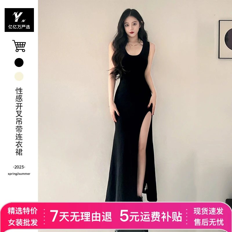 7401辣妹性感吊带连衣裙子女夏季2025年新款女装黑色开叉包臀长裙