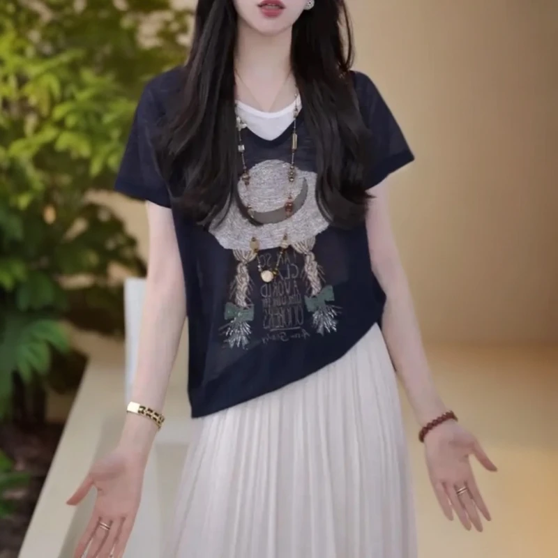 洋气小衫2025新款夏季薄款透气假两件短袖T恤女高级时尚减龄上衣