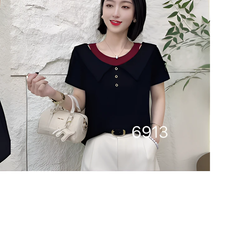 晓琳家 6913 十三行 假两件拼色显瘦上衣女南韩时尚