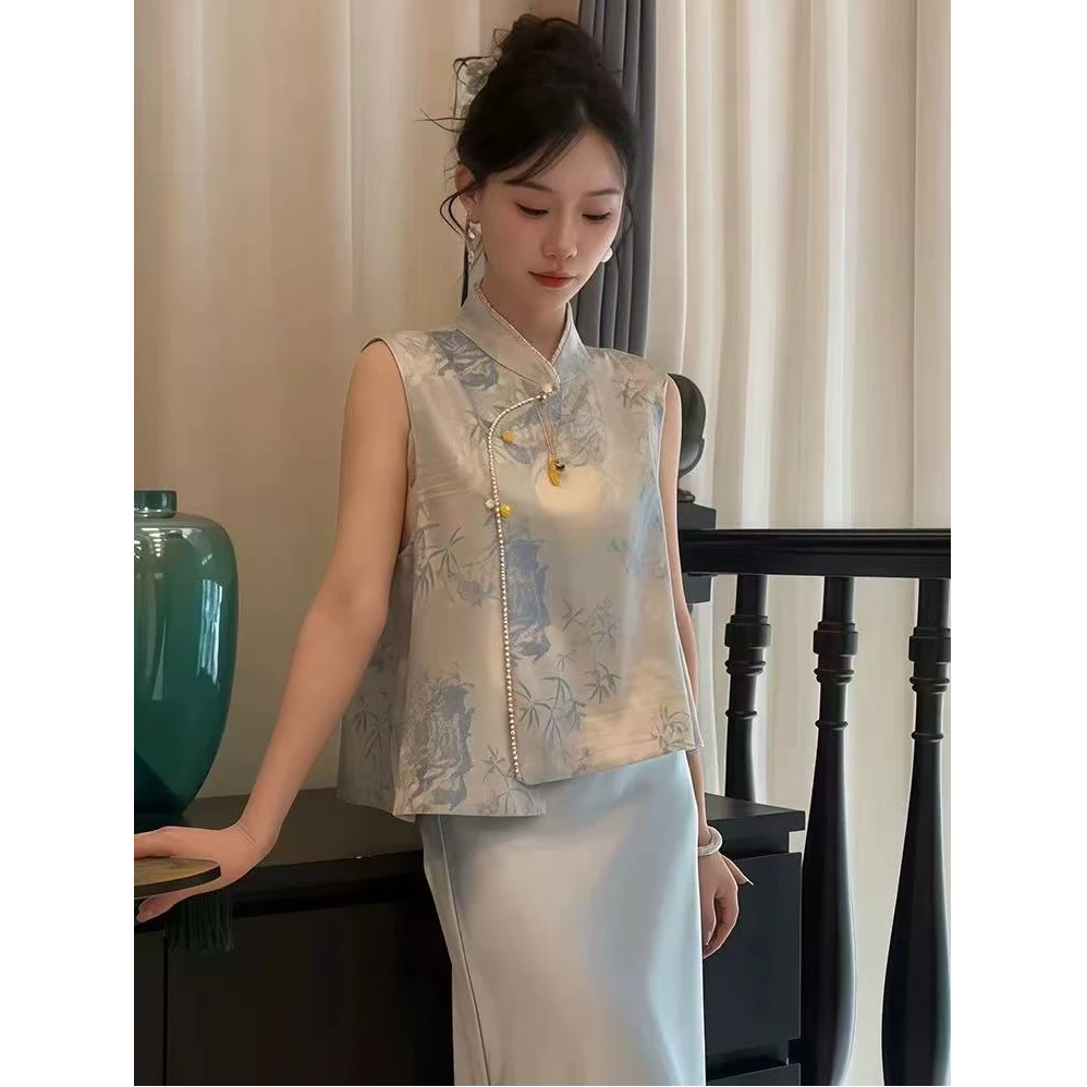 2025（竹）夏季新中式百搭时尚高级感提花珍珠显瘦减龄上衣女钉珠