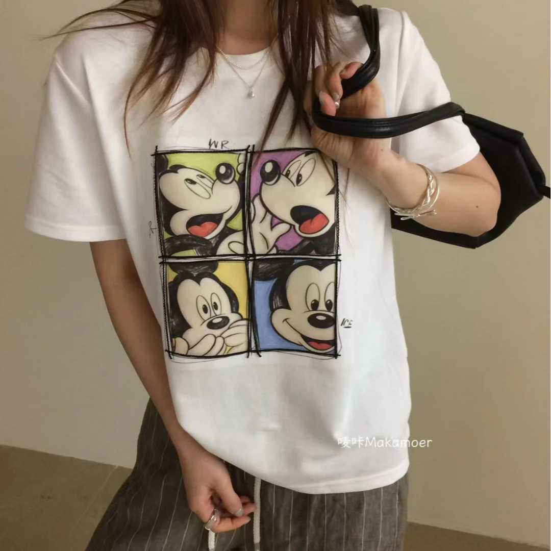 夏季韩系女士卡通米奇印花宽松显瘦短袖T恤棉100