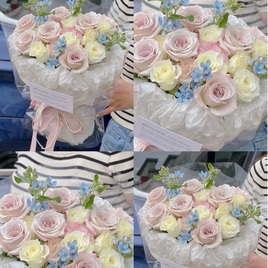 套餐43 白色玫瑰10支+曼塔玫瑰10支+蓝星花一把