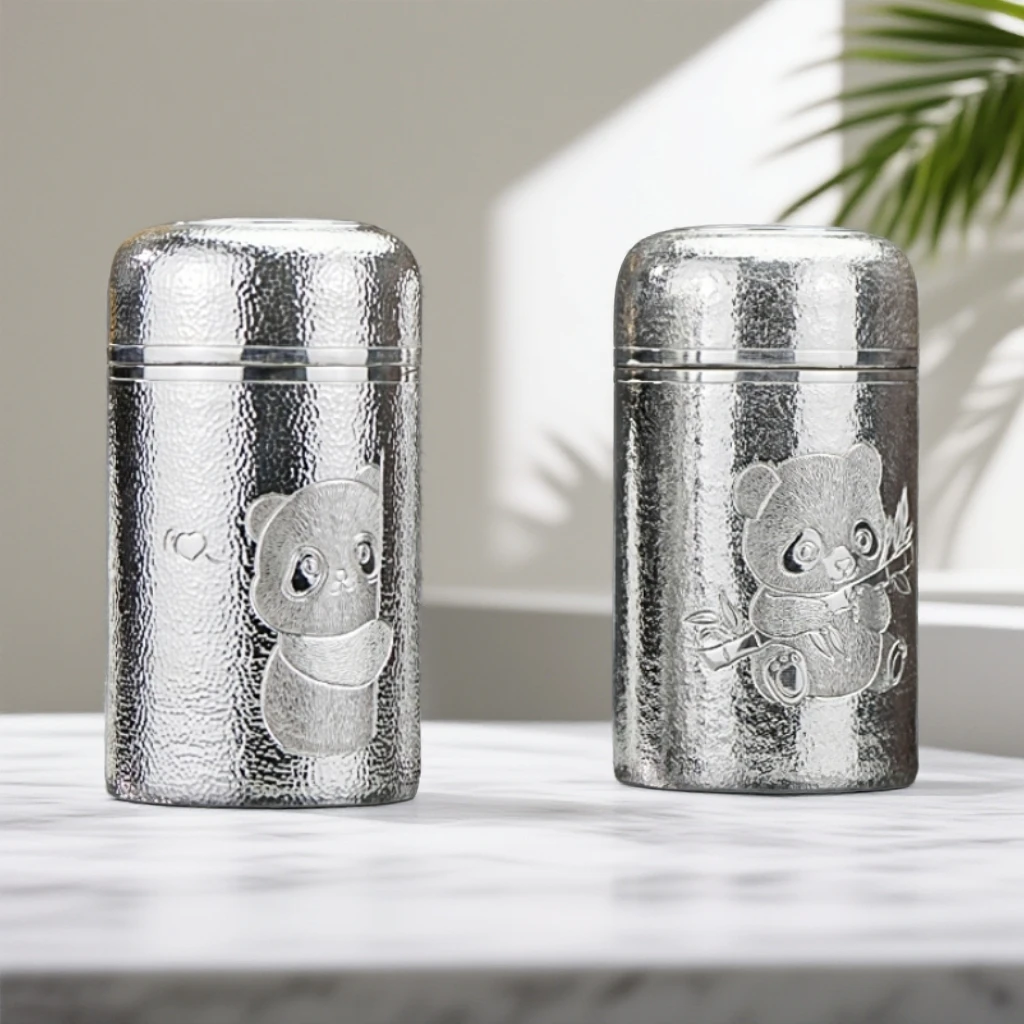 足银银制品 双旦 银水杯999通体全银杯纯手工锤纹熊猫杯泡茶银杯