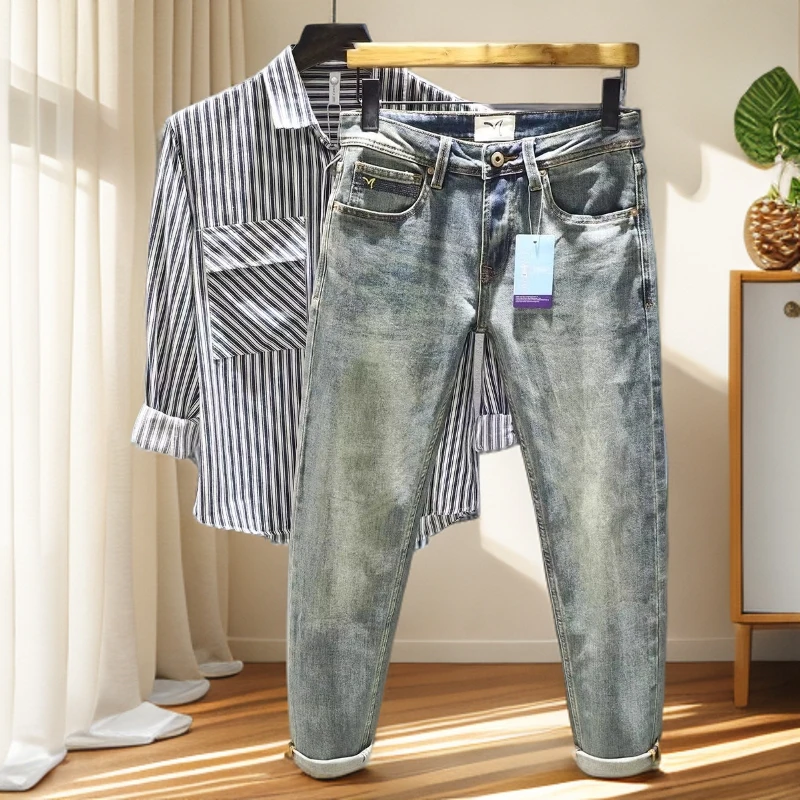 WITI牛仔裤男弹力百搭复古做旧黄泥染男士修身小直筒时尚潮流长裤