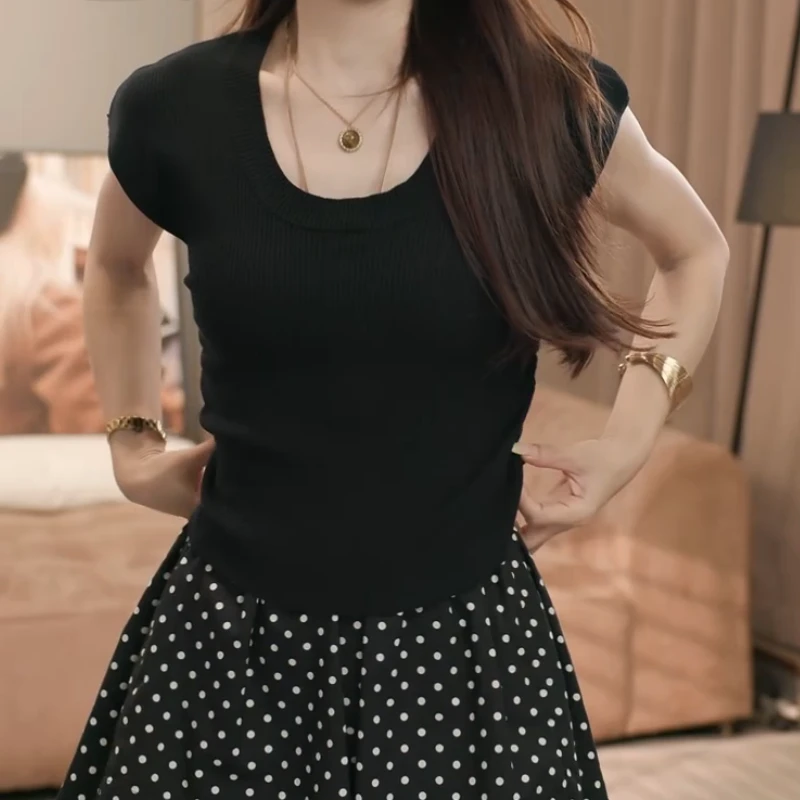 夏季新款时尚休闲显瘦褶皱修身短袖纯色针织上衣LK2503405