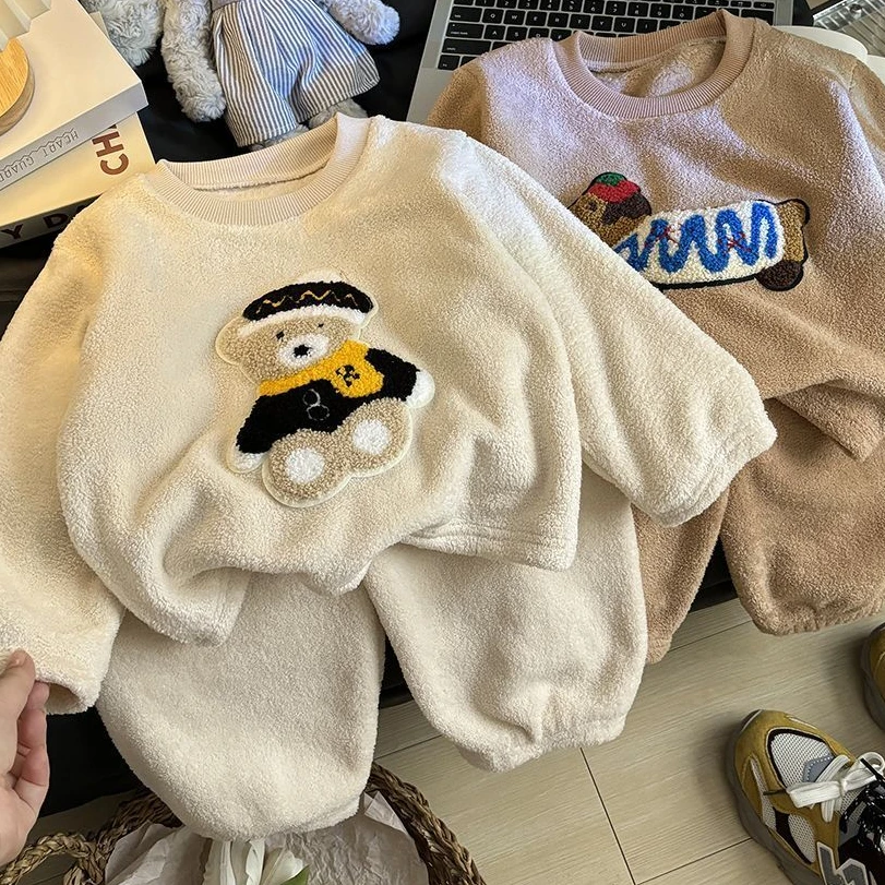 新款儿童保暖套装秋冬男童女童加绒加厚家居服宝宝睡衣两件套童装